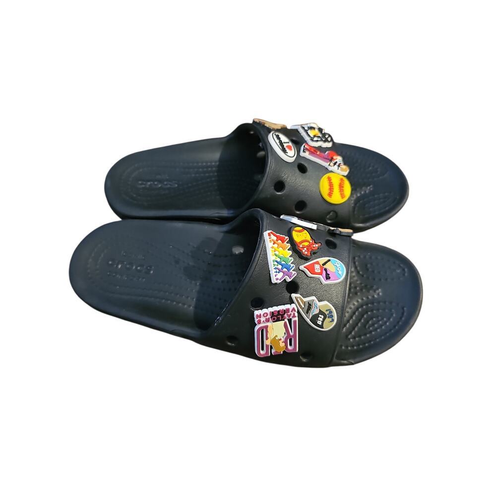 Crocs black slide sandals big girls sz 5 softball Taylor Swift charms